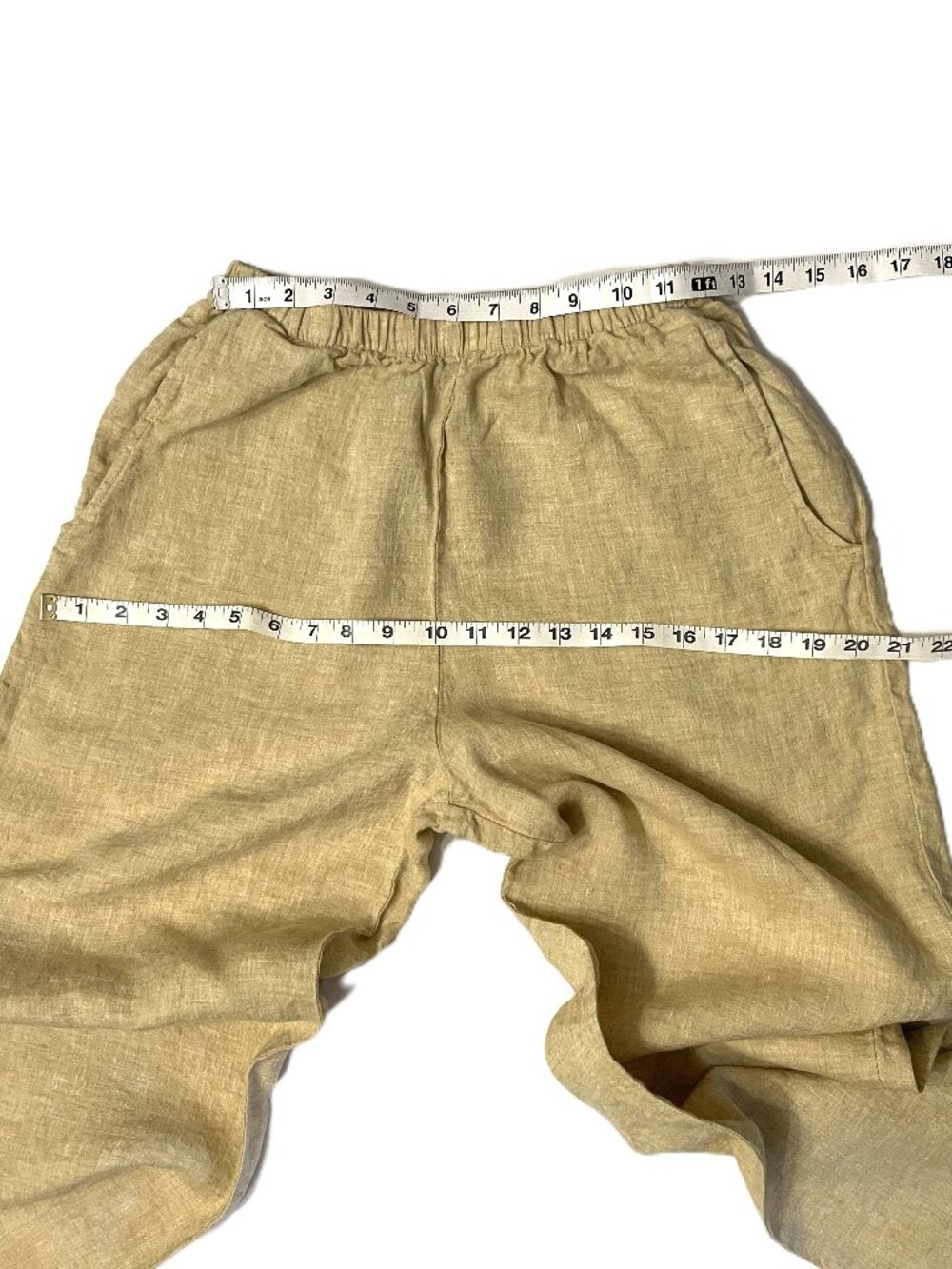 FLAX Pants 100% Linen Sz P (XS 4-6) Pale Yellow Elastic Waist Pockets Lagenloook - Picture 9 of 10